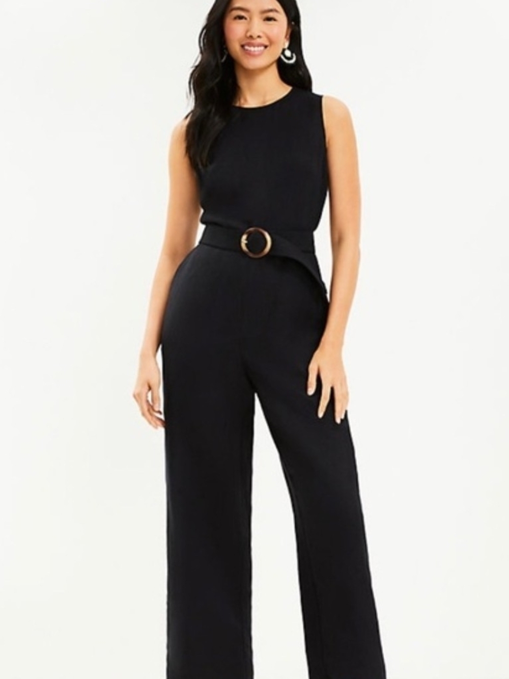 Sleeveless Linen Black Wide-Leg Jumpsuit with Belt